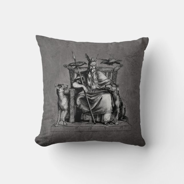 Odin ravens on his stone throne viking mythology cushion (Front)