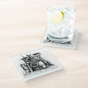 Odin ravens on his stone throne viking mythology glass coaster