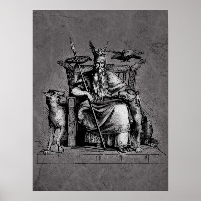 Odin ravens on his stone throne viking mythology poster (Front)