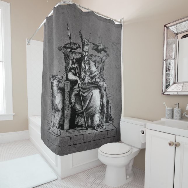 Odin ravens on his stone throne viking mythology shower curtain (In Situ)