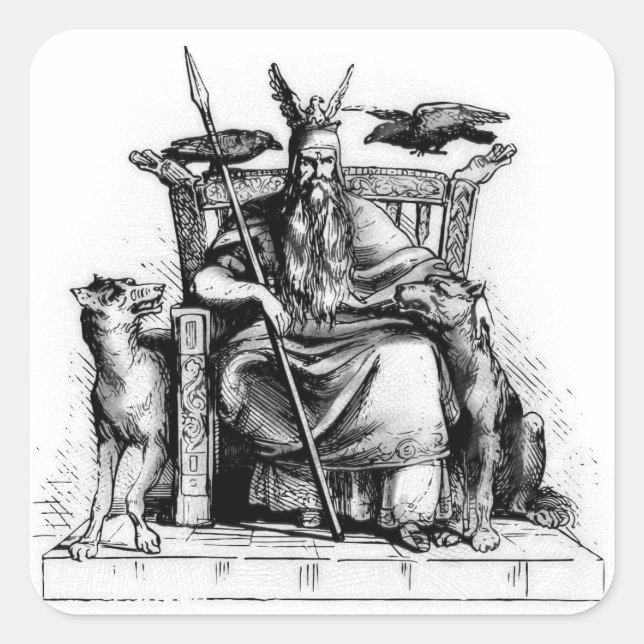 Odin ravens on his stone throne viking mythology square sticker (Front)