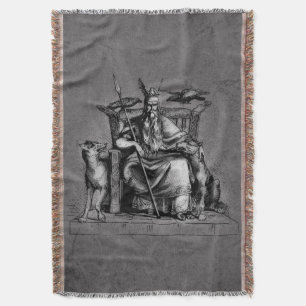 Odin ravens on his stone throne viking mythology throw blanket