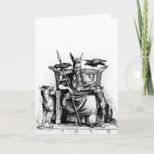 Odin Ravens on Stone Throne Viking Mythology Stone Card