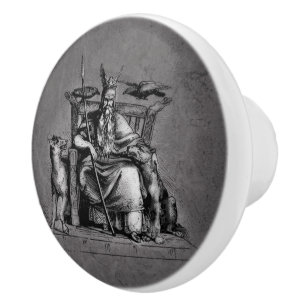 Odin Ravens on Stone Throne Viking Mythology Stone Ceramic Knob