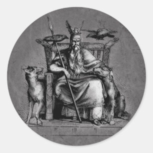 Odin Ravens on Stone Throne Viking Mythology Stone Classic Round Sticker