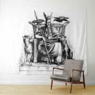 Odin Ravens on Stone Throne Viking Mythology Stone Tapestry