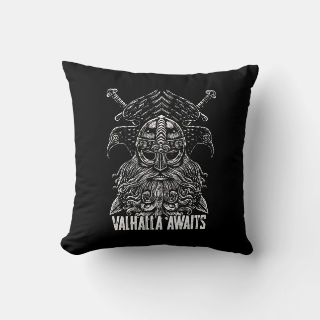 Odin ravens Viking Mythology Valhalla awaits Cushion (Front)