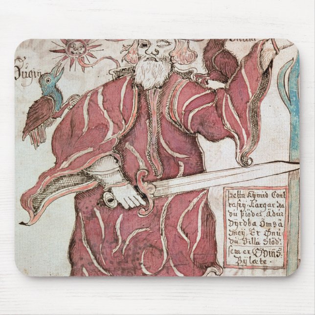 Odin, with his two crows, Hugin  and Munin Mouse Mat (Front)