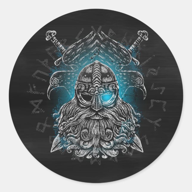 Odin with ravens and swords Viking Mythology blue Classic Round Sticker (Front)
