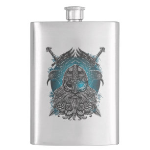Odin with ravens and swords Viking Mythology blue Hip Flask