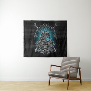 Odin with ravens and swords Viking Mythology blue Tapestry