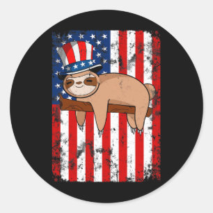 Of July Cute Sloth Usa American Flag Independence  Classic Round Sticker