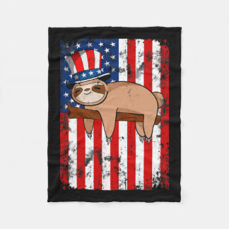 Of July Cute Sloth Usa American Flag Independence  Fleece Blanket