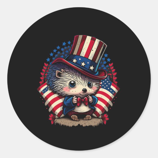 Of July Patriotic Hedgehog Us Flag  Classic Round Sticker (Front)