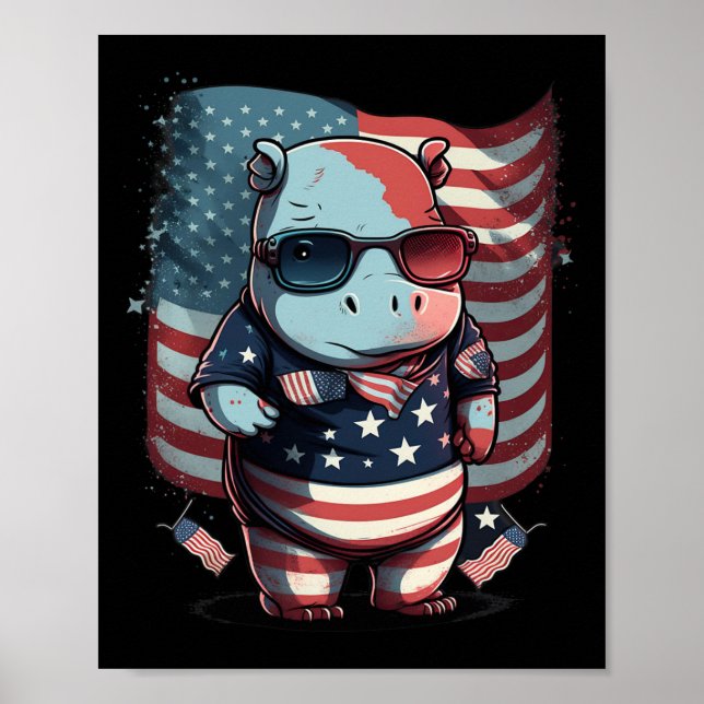 Of July Patriotic Hippo Us Flag  Poster (Front)