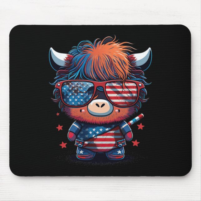 Of July Patriotic Scottish Highland Cow Us Flag  Mouse Mat (Front)