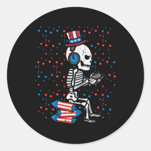 Of July Skeleton Gamer Funny America Boys Kids Men Classic Round Sticker