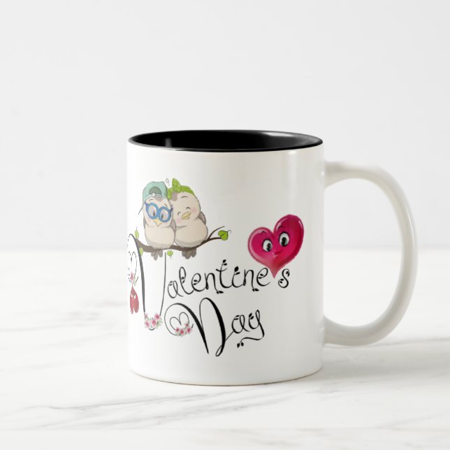 of Saint Valentin with a bird couple Two-Tone Coffee Mug (Right)