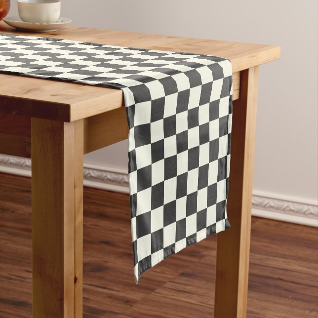 Off Black and Off White Checkerboard Short Table Runner (In Situ)
