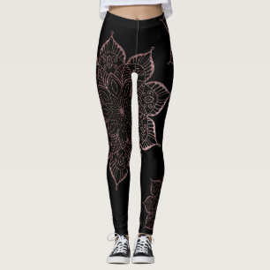 Off-Centered Rose Gold Faux Glitter Mandalas Black Leggings