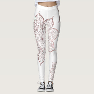 Off-Centered Rose Gold Faux Glitter Mandalas White Leggings