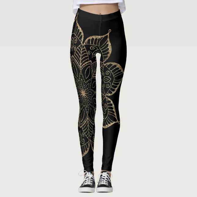 Off-Centred Gold Faux Glitter Mandala on Black Leggings (Front)