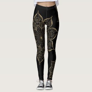 Off-Centred Gold Faux Glitter Mandalas on Black Leggings