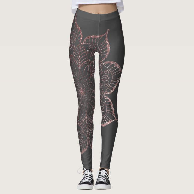 Off-Centred Rose Gold Faux Glitter Mandala, Grey Leggings (Front)