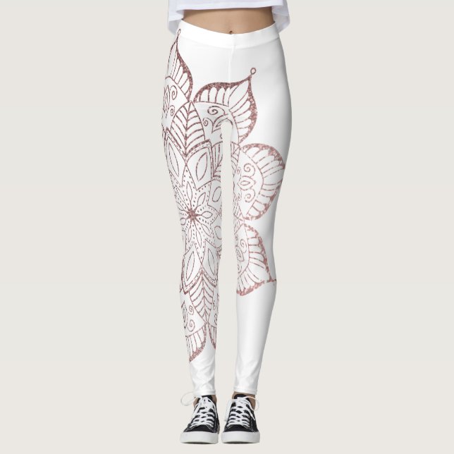 Off-Centred Rose Gold Faux Glitter Mandala, White Leggings (Front)