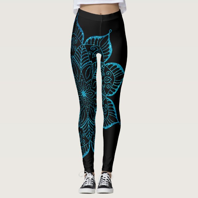 Off-Centred Teal Faux Glitter Mandala on Black Leggings (Front)