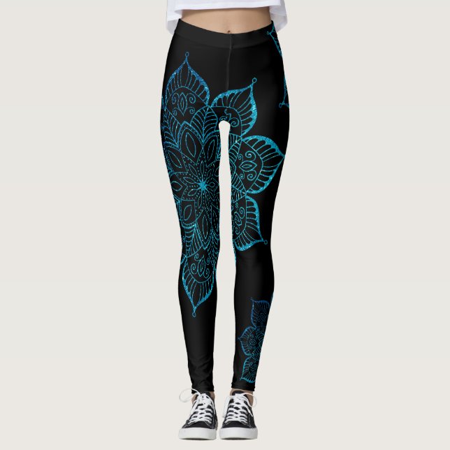 Off-Centred Teal Faux Glitter Mandalas on Black Leggings (Front)