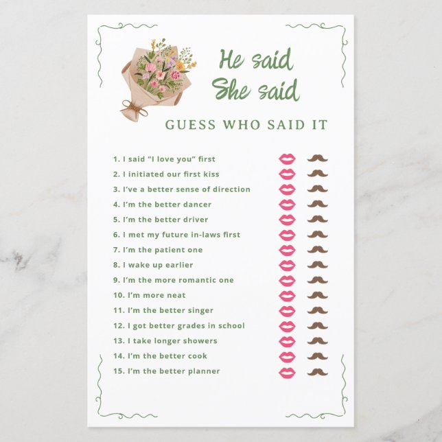 Off The Market He Said She Said Bridal Shower Game (Front)