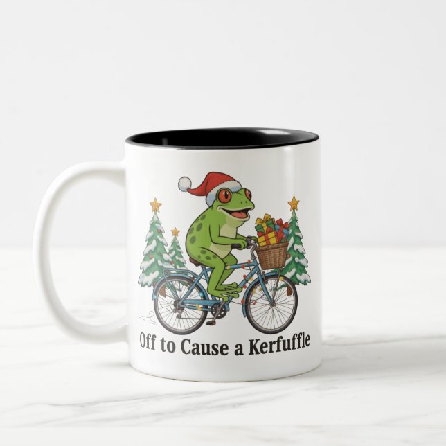 Off To Cause A Kerfuffle Frog Christmas Funny Meme Two-Tone Coffee Mug (Left)