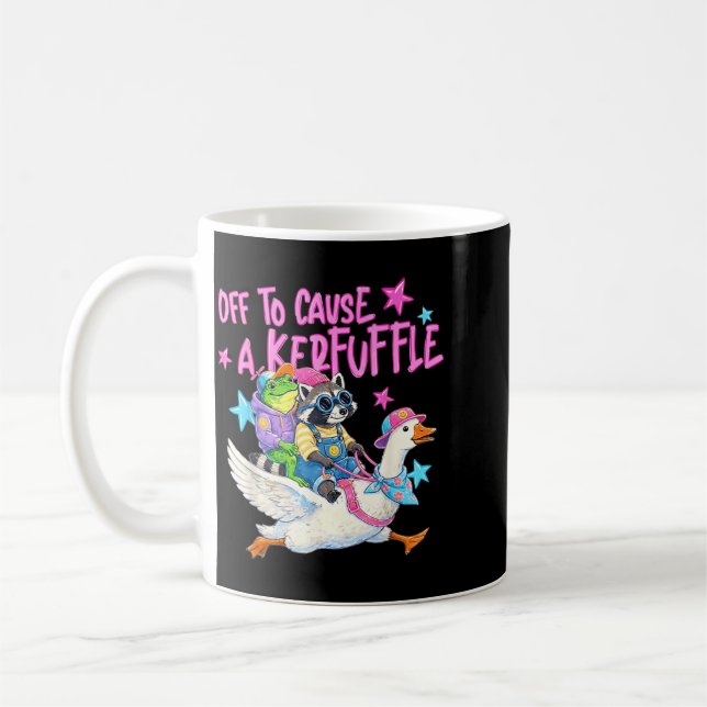 Off To Cause A Kerfuffle Frog Racoon Goose Riding Coffee Mug (Left)