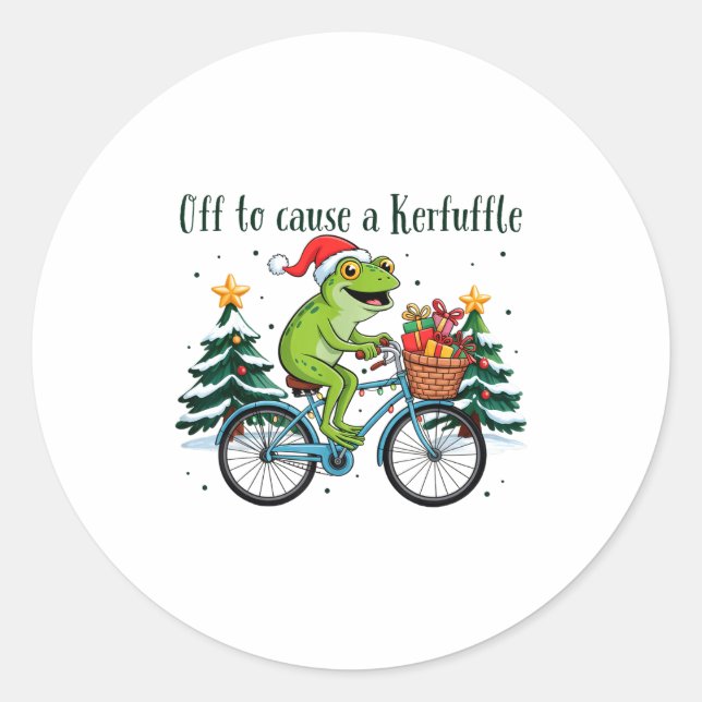 Off To Cause A Kerfuffle Funny Frog Santa Christma Classic Round Sticker (Front)