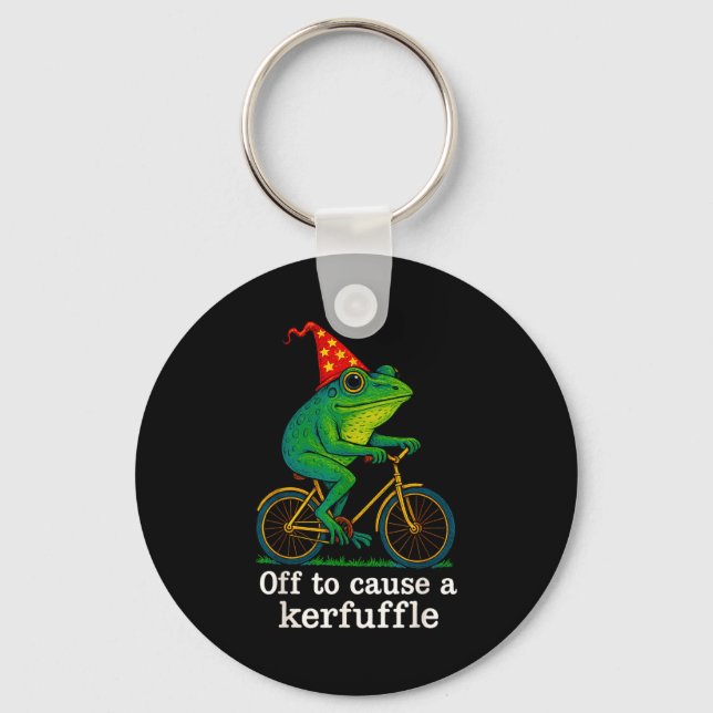 Off To Cause A Kerfuffle Funny Frog Wizard Bicycle Key Ring (Front)