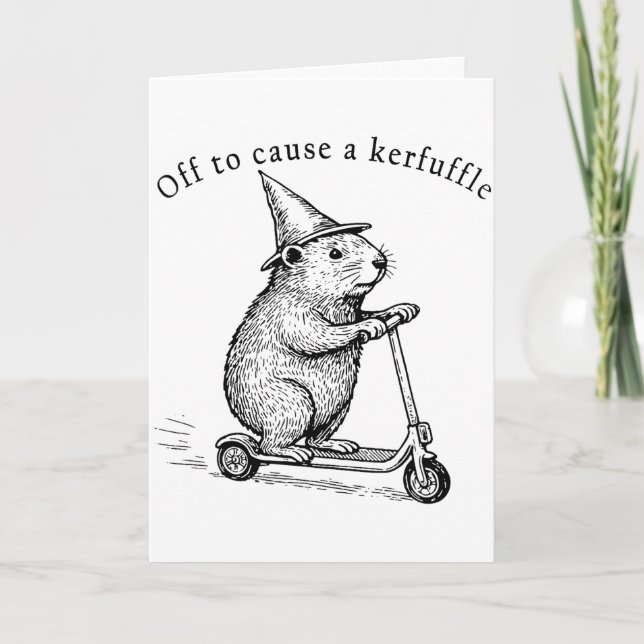 Off To Cause A Kerfuffle, Funny Groundhog Scooter  Card (Front)