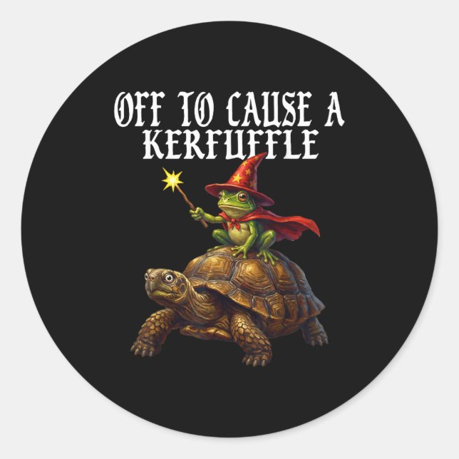 Off To Cause A Kerfuffle Funny Whimsical Frog Wiza Classic Round Sticker (Front)