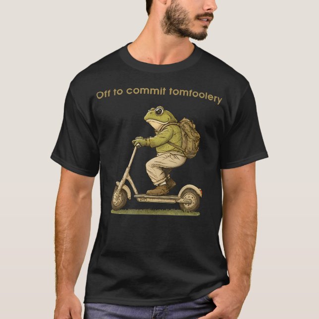 Off To Commit Tomfoolery Funny Frog Toad Scooter T-Shirt (Front)