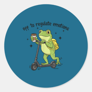 Off to regulate emotions funny frog on scooter  classic round sticker