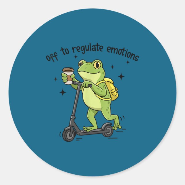 Off to regulate emotions funny frog on scooter  classic round sticker (Front)