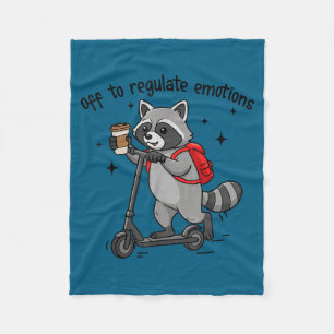 Off to regulate emotions funny raccoon on scooter fleece blanket