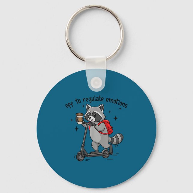 Off to regulate emotions funny racoon on scooter  key ring (Front)