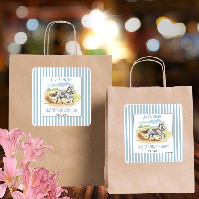 Off two the races equestrian birthday favour square sticker (Off two the races horses equestrian pony birthday party thank you favor printed sticker template)