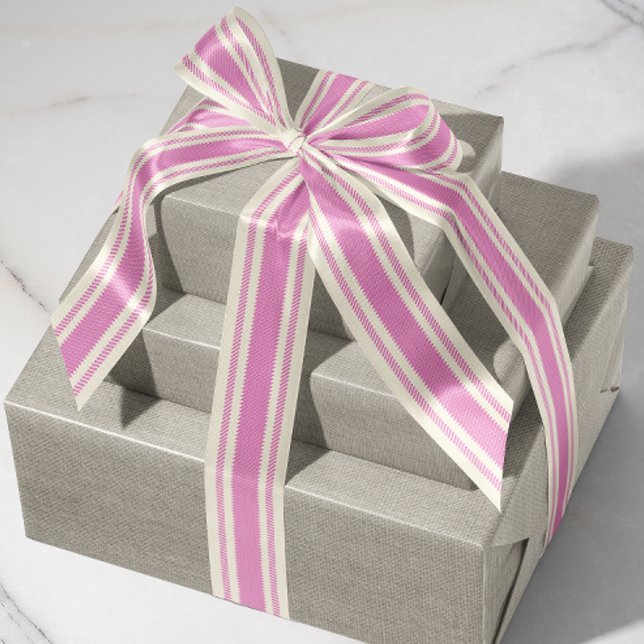 Off-White and Candy Pink Ticking Tape Ribbon Grosgrain Ribbon (French country rustic candy pink ticking stripe patterned satin ribbon)