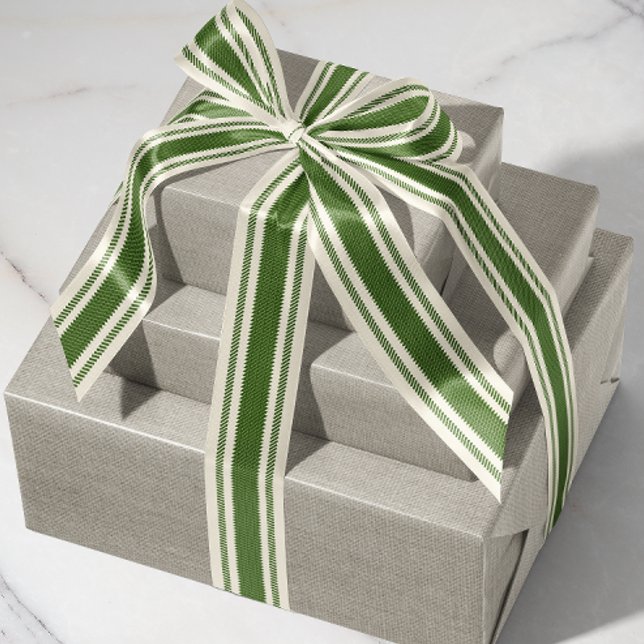 Off-White and Forest Green Ticking Tape Ribbon Grosgrain Ribbon (rustic French country mossy green and off-white cream ticking tape stripe patterned ribbon)