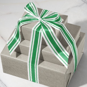 Off-White and Green Ticking Tape Ribbon Grosgrain Ribbon