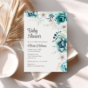 Off-White and Teal Floral Baby Shower Invitation