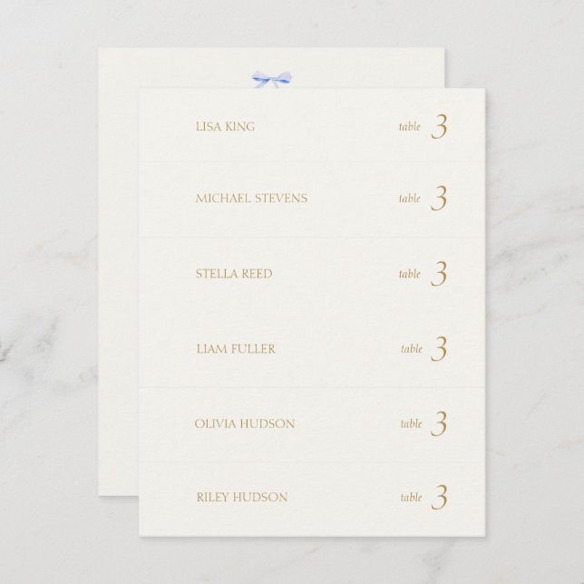 Off White | Blue Ribbon Place Name Escort Card (Front/Back)