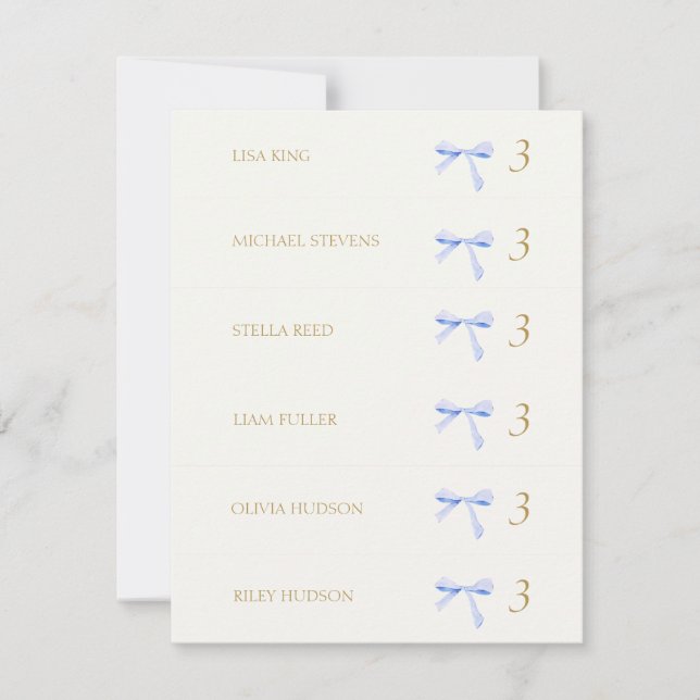 Off White Blue Ribbon Place Name Escort Card (Front)